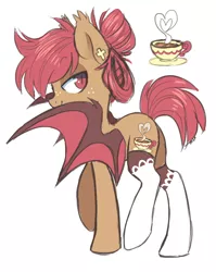 Size: 2392x3000 | Tagged: safe, artist:hawthornss, artist:skelemik, derpibooru import, oc, oc:avene, oc:avene teja, unofficial characters only, bat pony, pony, bedroom eyes, clothes, cute, ear piercing, earring, food, jewelry, piercing, simple background, socks, solo, tea, teacup, white background