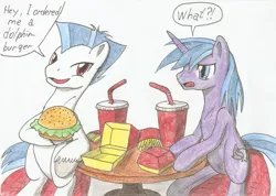 Size: 2336x1662 | Tagged: safe, artist:stardustchild01, derpibooru import, oc, oc:paleosteno, oc:saberspark, unofficial characters only, pegasus, pony, unicorn, burger, food, french fries, soda, traditional art