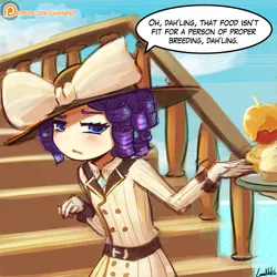 Size: 750x750 | Tagged: safe, artist:lumineko, derpibooru import, rarity, equestria girls, ppov, belt, clothes, costume, cupcake, cute, darling, dress, equestria girls interpretation, food, hat, ice cream, raristocrat, rose dewitt bukater, scene interpretation, solo, suit, titanic