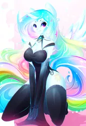 Size: 1341x1956 | Tagged: anthro, artist:koveliana, breasts, busty princess celestia, chromatic aberration, clothes, color porn, derpibooru import, dress, evening gloves, female, gloves, looking at you, praise the sun, princess celestia, smiling, socks, solo, solo female, suggestive, thigh highs