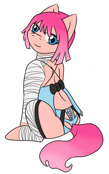 Size: 754x1199 | Tagged: suggestive, artist:jolliapplegirl, derpibooru import, oc, oc:parfait, unofficial characters only, pony, bandage, clothes, cosplay, costume, crossdressing, femboy, halloween, kaine, looking back, male, negligee, nier, offspring, panties, parent:cheese sandwich, parent:pinkie pie, parents:cheesepie, solo, stallion, thong, underwear, video game