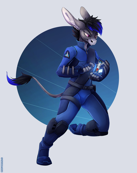 Size: 2870x3616 | Tagged: action pose, anthro, anthro oc, artist:tazara, clothes, derpibooru import, donkey, flight suit, hologram, oc, oc:tara, safe, solo, thunderbirds, uniform, unofficial characters only