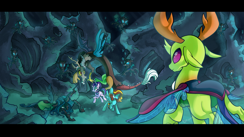 Size: 1280x720 | Tagged: safe, artist:breioom, derpibooru import, discord, queen chrysalis, starlight glimmer, thorax, oc, oc:ilovekimpossiblealot, changedling, changeling, changeling queen, draconequus, pegasus, pony, unicorn, to where and back again, changeling hive, changeling king, king thorax