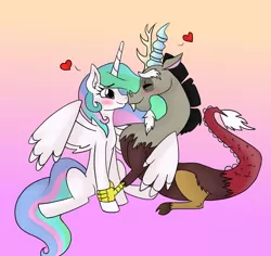 Size: 640x605 | Tagged: safe, artist:pigzfairy, artist:theauroralife, derpibooru import, discord, princess celestia, alicorn, draconequus, pony, blushing, boop, dislestia, gradient background, heart, looking at each other, male, noseboop, shipping, smiling, straight