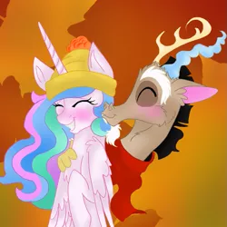 Size: 679x679 | Tagged: safe, artist:pigzfairy, derpibooru import, discord, princess celestia, alicorn, draconequus, pony, autumn, blushing, clothes, dislestia, hat, kiss on the cheek, kissing, male, scarf, shipping, smiling, straight