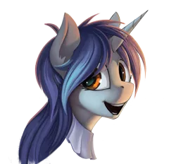 Size: 1953x1809 | Tagged: safe, artist:rublegun, derpibooru import, oc, oc:homage, unofficial characters only, pony, unicorn, fallout equestria, fanfic, bust, fanfic art, female, horn, looking at you, mare, open mouth, portrait, simple background, smiling, solo, teeth, transparent background