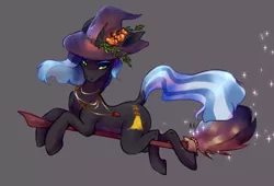 Size: 1444x981 | Tagged: safe, artist:naminzo, derpibooru import, oc, unofficial characters only, pony, unicorn, broom, flying, flying broomstick, gem, hat, jewelry, looking back, necklace, simple background, solo, sparkles, witch, witch hat