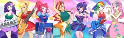 Size: 3000x924 | Tagged: safe, artist:jonfawkes, derpibooru import, applejack, fluttershy, pinkie pie, rainbow dash, rarity, sci-twi, sunset shimmer, twilight sparkle, equestria girls, legend of everfree, bass guitar, clothes, crystal gala, dress, drum kit, drums, drumsticks, electric guitar, flying v, glasses, group, guitar, human coloration, keytar, legend you were meant to be, microphone, musical instrument, open mouth, pants, tambourine, the rainbooms, wink