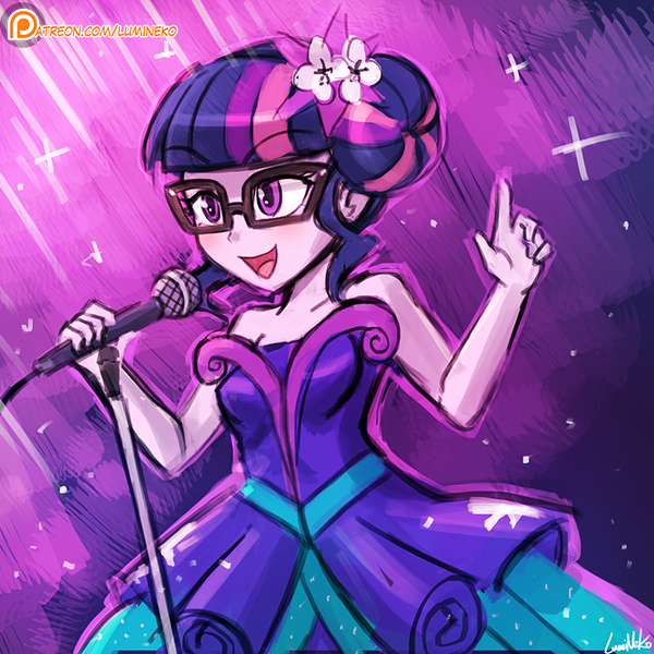 Size: 750x750 | Tagged: safe, artist:lumineko, derpibooru import, sci-twi, twilight sparkle, equestria girls, legend of everfree, clothes, crystal gala, crystal gala dress, cute, dress, female, flower, flower in hair, glasses, microphone, open mouth, singing, skirt, sleeveless, solo, strapless, twiabetes