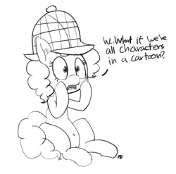 Size: 1280x1265 | Tagged: artist:pabbley, belly button, deerstalker, derpibooru import, dialogue, existential crisis, hat, monochrome, pinkie pie, safe, sitting, solo, sudden clarity pinkie pie, sudden realization