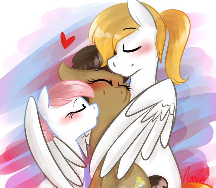 Size: 1145x1000 | Tagged: safe, artist:lilliesinthegarden, derpibooru import, doctor whooves, nurse redheart, time turner, oc, oc:ice shine, earth pony, pegasus, pony, aftersex, bisexual, blushing, canon x oc, cute, eyes closed, female ice shine, femboy, heart, hug, imminent sex, implied gay, implied group sex, implied lesbian, implied sex, implied shipping, implied threesome, kissing, love, lucky bastard, male, nurse turner, ponytail, rule 63, shipping, stallion, straight, winghug, x gets all the mares