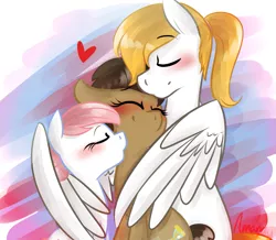 Size: 1145x1000 | Tagged: safe, artist:lilliesinthegarden, derpibooru import, doctor whooves, nurse redheart, time turner, oc, oc:ice shine, earth pony, pegasus, pony, aftersex, bisexual, blushing, canon x oc, cute, eyes closed, female ice shine, femboy, heart, hug, imminent sex, implied gay, implied group sex, implied lesbian, implied sex, implied shipping, implied threesome, kissing, love, lucky bastard, male, nurse turner, ponytail, rule 63, shipping, stallion, straight, winghug, x gets all the mares
