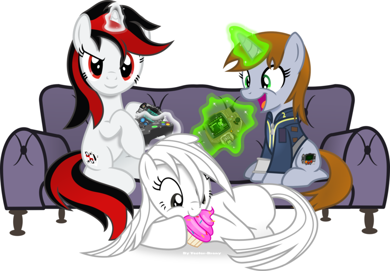 Size: 4350x3018 | Tagged: safe, artist:vector-brony, derpibooru import, oc, oc:blackjack, oc:boo, oc:littlepip, unofficial characters only, earth pony, pony, unicorn, fallout equestria, fallout equestria: project horizons, fanfic, clothes, controller, cupcake, fanfic art, female, food, glowing horn, horn, levitation, magic, mare, nom, pipbuck, simple background, telekinesis, transparent background, vault suit