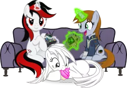 Size: 4350x3018 | Tagged: safe, artist:vector-brony, derpibooru import, oc, oc:blackjack, oc:boo, oc:littlepip, unofficial characters only, earth pony, pony, unicorn, fallout equestria, fallout equestria: project horizons, fanfic, clothes, controller, cupcake, fanfic art, female, food, glowing horn, horn, levitation, magic, mare, nom, pipbuck, simple background, telekinesis, transparent background, vault suit