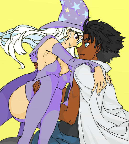 Size: 900x1000 | Tagged: artist:eulicious, bridal carry, carrying, dark skin, derpibooru import, eye contact, human, humanized, looking at each other, male, safe, shipping, simple background, smiling, straight, thorax, thoraxie, trixie, trixie's hat, yellow background