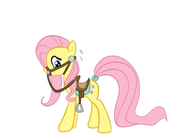 Size: 1280x1024 | Tagged: artist:nasse, bit, bridle, colored, color edit, derpibooru import, edit, fluttershy, reins, saddle, saddle blanket, safe, scared, simple background, solo, stirrups, tack, tail wrap, transparent background