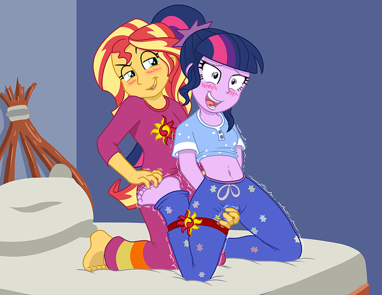 Size: 800x619 | Tagged: questionable, artist:caroo, derpibooru import, sci-twi, sunset shimmer, twilight sparkle, equestria girls, barefoot, belly button, bondage, clothes, feet, female, foot fetish, helpless, knee tied, lesbian, midriff, pajamas, pants, shipping, shirt, shirt lift, sunsetsparkle, teasing, tickling