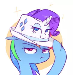Size: 405x415 | Tagged: safe, artist:raridashdoodles, derpibooru import, rainbow dash, rarity, ponified, object pony, original species, pony, bedroom eyes, fedorarity, female, floppy ears, frown, glare, hat, hat pony, inanimate tf, lesbian, looking at you, m'lady, rainbow dash always dresses in style, raridash, rarihat, shipping, smiling, smug, sparkles, transformation, trilby, unamused, wat