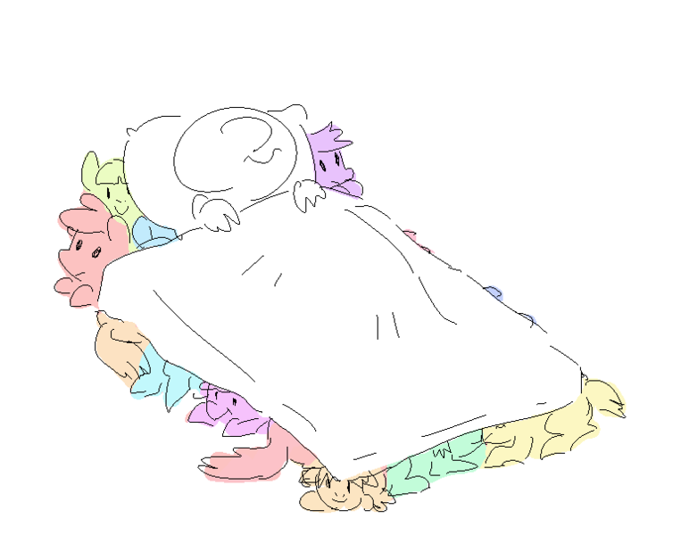 Size: 769x605 | Tagged: artist:nobody, bed, blanket, derpibooru import, female, filly, human, oc, oc:anon, pillow, safe, simple background, sketch, smiling, unofficial characters only, wat, white background