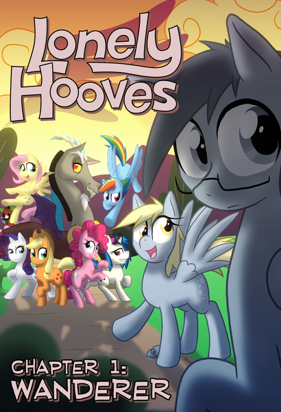 Size: 1024x1497 | Tagged: safe, artist:kazziepones, artist:zaron, derpibooru import, applejack, derpy hooves, discord, fluttershy, pinkie pie, rainbow dash, rarity, vinyl scratch, oc, oc:lonely hooves, pegasus, pony, comic:lonely hooves, comic, female, glasses, mare