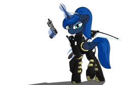 Size: 3000x2000 | Tagged: safe, artist:vinaramic, derpibooru import, princess luna, alicorn, pony, armor, blaster, crossover, dead space, ear fluff, energy weapon, female, frown, glowing horn, gun, handgun, hooves, horn, levitation, looking at you, magic, mare, pistol, ponytail, raised eyebrow, raised hoof, raised leg, shadow, simple background, solo, spacesuit, stitches, telekinesis, transparent background, walking, weapon, wings