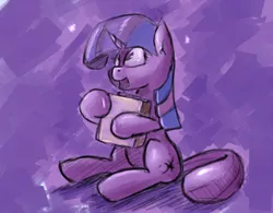 Size: 816x638 | Tagged: safe, artist:post-it, derpibooru import, twilight sparkle, pony, unicorn, adorkable, book, bookhorse, colored sketch, cross-eyed, cute, dork, female, happy, hug, looking up, mare, open mouth, sitting, sketch, smiling, solo, twiabetes, unicorn twilight, watercolor painting
