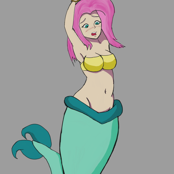 Size: 2560x2560 | Tagged: anonymous artist, armpits, bandeau, belly button, blushing, bondage, bra, breasts, clothes, derpibooru import, female, fish, fluttershy, gray background, human, humanized, maiden fish, mermaid, mermaidized, midriff, shantae, shantae: half-genie hero, simple background, solo, solo female, suggestive, underwear