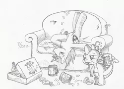 Size: 1650x1188 | Tagged: artist:arctic-lux, cider, couch, derpibooru import, donut, food, monochrome, safe, shining armor, spike