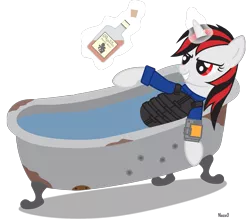 Size: 2475x2173 | Tagged: safe, artist:necr0manc3r, derpibooru import, oc, oc:blackjack, unofficial characters only, pony, unicorn, fallout equestria, fallout equestria: project horizons, fanfic, alcohol, armor, bath, bathtub, claw foot bathtub, clothes, fanfic art, female, glowing horn, grin, hooves, horn, levitation, magic, mare, pipbuck, queen whiskey, security armor, simple background, smiling, solo, telekinesis, transparent background, vault security armor, vault suit, whiskey, wild pegasus