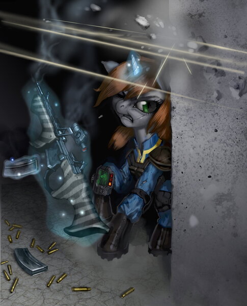 Size: 3140x3888 | Tagged: safe, artist:vombavr, derpibooru import, oc, oc:littlepip, unofficial characters only, pony, unicorn, fallout equestria, fanfic, clothes, fanfic art, female, fight, glowing horn, gun, hooves, horn, levitation, magic, mare, optical sight, pipbuck, rifle, solo, telekinesis, vault suit, weapon, zebra rifle