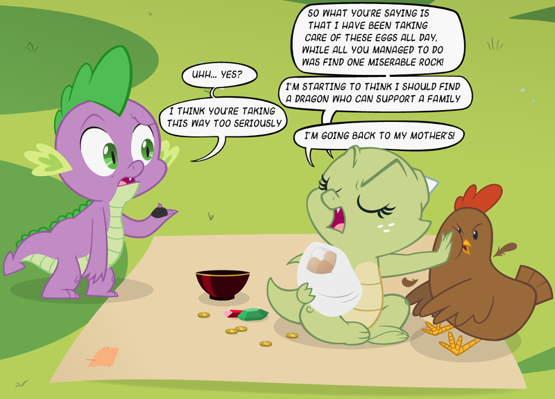 Size: 800x576 | Tagged: artist:queencold, blanket, bowl, chicken, derpibooru import, dragon, dragoness, dragon oc, duo, egg, gem, gift art, money, oc, oc:jade, playing, rock, safe, speech bubble, spike, swaddling, text