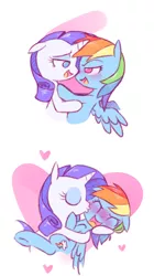 Size: 792x1415 | Tagged: safe, artist:raridashdoodles, derpibooru import, rainbow dash, rarity, pegasus, pony, unicorn, blushing, eyes closed, female, heart, hug, kissing, lesbian, looking at each other, mare, open mouth, raridash, shipping