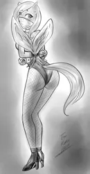 Size: 710x1362 | Tagged: anthro, artist:dakuroihoshi, ass, bondage, clothes, cloth gag, derpibooru import, female, fishnets, gag, high heels, leotard, monochrome, oc, oc:violet, pantyhose, pegasus, plantigrade anthro, solo, solo female, suggestive, unofficial characters only