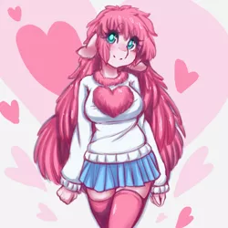 Size: 1024x1024 | Tagged: anthro, artist:tolsticot, breasts, busty fluffle puff, clothes, colored sketch, cute, derpibooru import, female, floppy ears, flufflebetes, heart, oc, ocbetes, oc:fluffle puff, pleated skirt, safe, skirt, socks, solo, sweater, thigh highs, unofficial characters only, zettai ryouiki