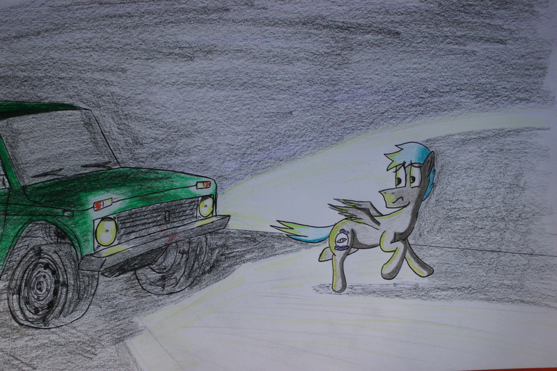 Size: 5184x3456 | Tagged: safe, artist:bumskuchen, derpibooru import, oc, oc:blue moon, unofficial characters only, pegasus, pony, car, lada, lada niva, solo, traditional art