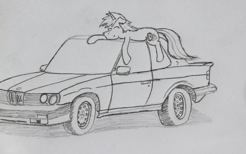 Size: 4640x2904 | Tagged: artist:bumskuchen, bmw, bmw 3-series, bmw e30, car, derpibooru import, lying down, monochrome, newbie artist training grounds, oc, oc:shifting gear, safe, sketch, sleeping, solo, traditional art, unofficial characters only