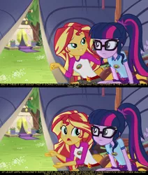 Size: 1280x1508 | Tagged: safe, derpibooru import, screencap, sci-twi, sunset shimmer, twilight sparkle, equestria girls, legend of everfree, spoiler:comicholiday2014, anon-a-miss, camp everfree logo, camp everfree outfits, psyga's alternate pony scenes, salty, screencap comic