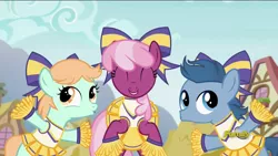 Size: 1280x720 | Tagged: safe, derpibooru import, edit, edited edit, edited screencap, screencap, cheerilee, peach fuzz, perky prep, pony, the cart before the ponies, bipedal, bow, cheerileeder, cheerleader, clothes, colt, crossdressing, female, filly, hair bow, mare, pleated skirt, pom pom, skirt