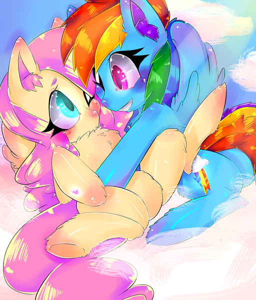 Size: 2912x3412 | Tagged: safe, artist:deliciouscoffee, derpibooru import, fluttershy, rainbow dash, chest fluff, cloud, color porn, cuddling, cute, dashabetes, ear fluff, female, flutterdash, lesbian, shipping, shyabetes, snuggling