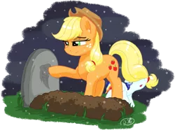 Size: 1915x1428 | Tagged: safe, artist:ruushiicz, derpibooru import, applejack, rainbow dash, oc, appledash, feels, female, gravestone, implied death, lesbian, magical lesbian spawn, night, offspring, parent:applejack, parent:rainbow dash, parents:appledash, shipping, simple background, transparent background