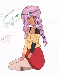 Size: 768x1024 | Tagged: artist:brickercupmasterx3, dark skin, derpibooru import, flower, flower in hair, human coloration, legend of everfree, lidded eyes, oc, oc:summer saunter, offspring, one eye closed, parent:fluttershy, parents:timbershy, parent:timber spruce, safe, simple background, solo, unofficial characters only, white background, wink