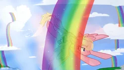 Size: 3840x2160 | Tagged: safe, artist:cloureed, derpibooru import, oc, oc:roseburn, unofficial characters only, pegasus, pony, cloud art, flying, long tail, rainbows, solo, special talent