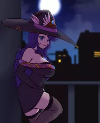 Size: 1545x1900 | Tagged: artist:scorpdk, bare shoulders, big breasts, breasts, busty rarity, clothes, curvy, derpibooru import, female, halloween, hat, holiday, human, humanized, large voluminous hair, looking at you, moon, night, nightmare night, off shoulder, open mouth, raritights, rarity, sexy, socks, solo, solo female, stockings, stupid sexy rarity, suggestive, thigh highs, witch