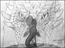 Size: 1085x798 | Tagged: safe, artist:natanatfan, derpibooru import, fluttershy, dragon, pegasus, pony, duo, eye contact, face to face, female, grayscale, ink, inktober, inktober 2016, looking at each other, mare, monochrome, perspective, rear view, spread wings, traditional art, wings, wings down
