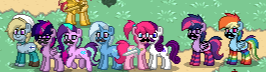 Size: 532x144 | Tagged: safe, derpibooru import, pinkie pie, rainbow dash, rarity, starlight glimmer, sunset shimmer, trixie, twilight sparkle, twilight sparkle (alicorn), oc, alicorn, pony, pony town, clothes, cute, facial hair, finland, grass, group, group photo, mousdash, moustache, rainbow socks, sand, socks, striped socks