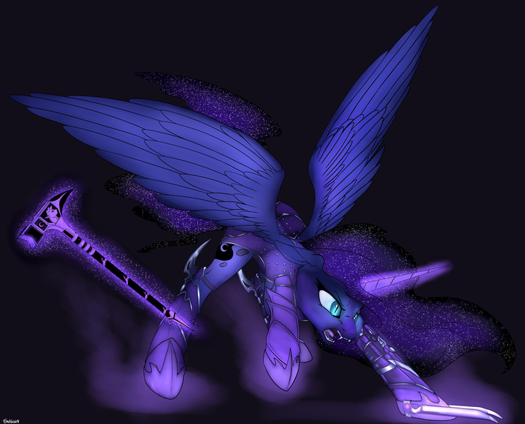 Size: 800x647 | Tagged: armor, artist:backlash91, badass, derpibooru import, ethereal mane, fanfic, fanfic art, fanfic:hold your hammer high, fanfic:the night is passing, fangs, flowing mane, galaxy mane, glare, hammer, hoof blades, levitation, magic, nightmare luna, open mouth, princess luna, raised hoof, safe, simple background, slit eyes, solo, source needed, spread wings, telekinesis, the night is passing, useless source url, war hammer, warrior luna, weapon