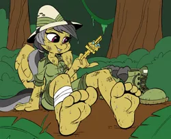 Size: 868x706 | Tagged: anthro, artist:arcadias, artist:kuroi-wolf, barefoot, boots, clothes, daring do, derpibooru import, feet, fetish, foot fetish, foot focus, jungle, plantigrade anthro, safe, socks, solo, sweat