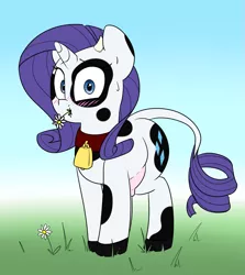 Size: 1451x1626 | Tagged: safe, artist:victoreach, derpibooru import, rarity, cow, bell, blushing, caught, collar, cowbell, cowified, eating, flower, raricow, solo, species swap, udder