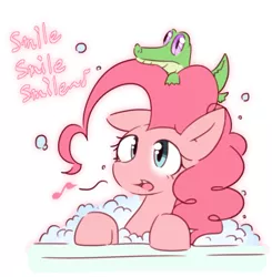 Size: 2019x2057 | Tagged: safe, artist:akainu_pony, derpibooru import, gummy, pinkie pie, alligator, earth pony, pony, bath, bubble, bubble bath, cute, diapinkes, duo, female, floppy ears, high res, male, mare, music notes, open mouth, ponk, singing, smile smile smile, smiling