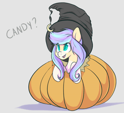 Size: 1500x1374 | Tagged: safe, artist:shyamette, derpibooru import, oc, unofficial characters only, pony, animated, blinking, colored pupils, cute, dialogue, eye clipping through hair, female, food, gif, gray background, halloween, hat, mare, open mouth, pumpkin, shadow, simple background, smiling, solo, witch hat